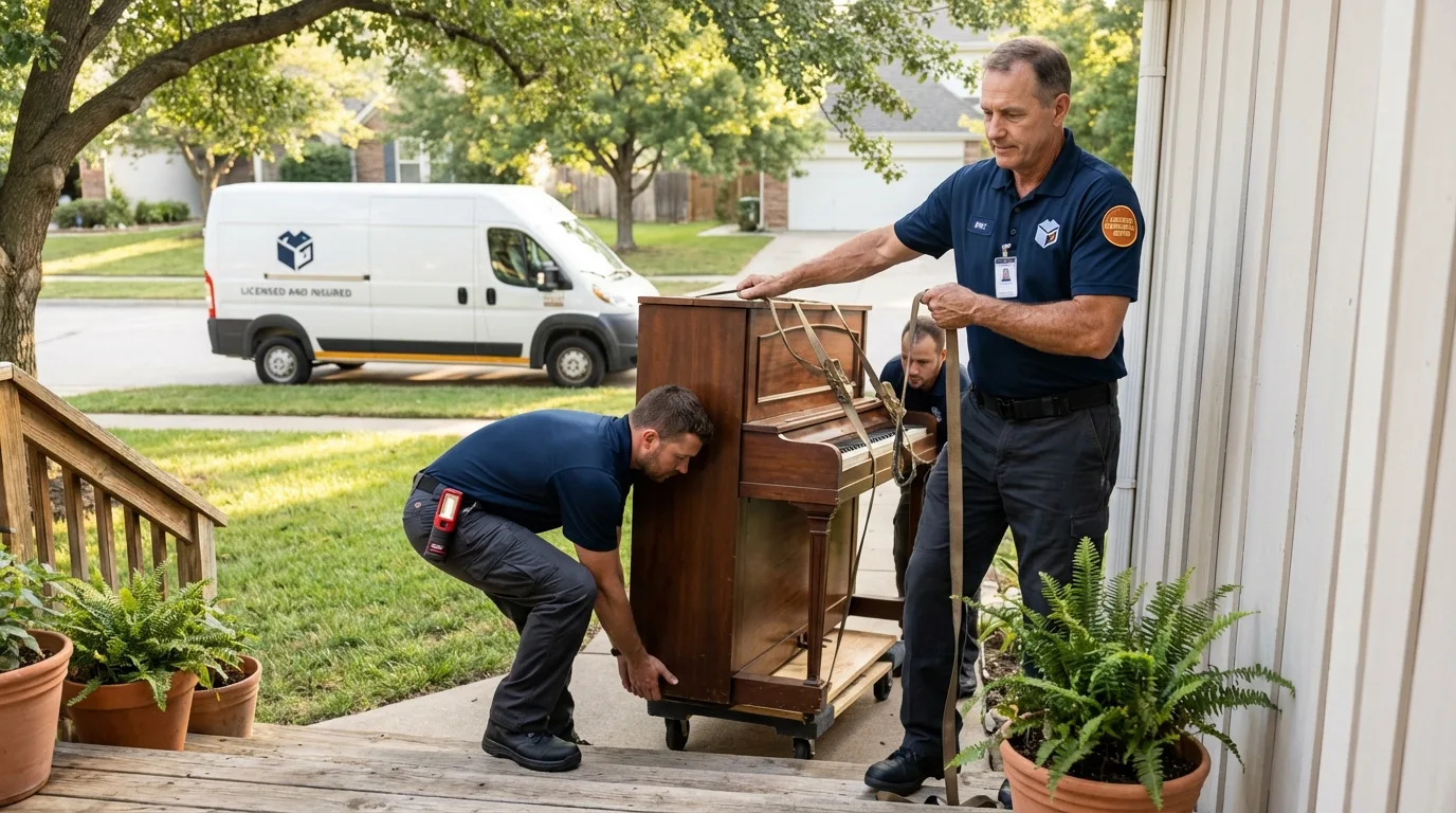 Licensed piano movers securing grand piano in Loveland, CO