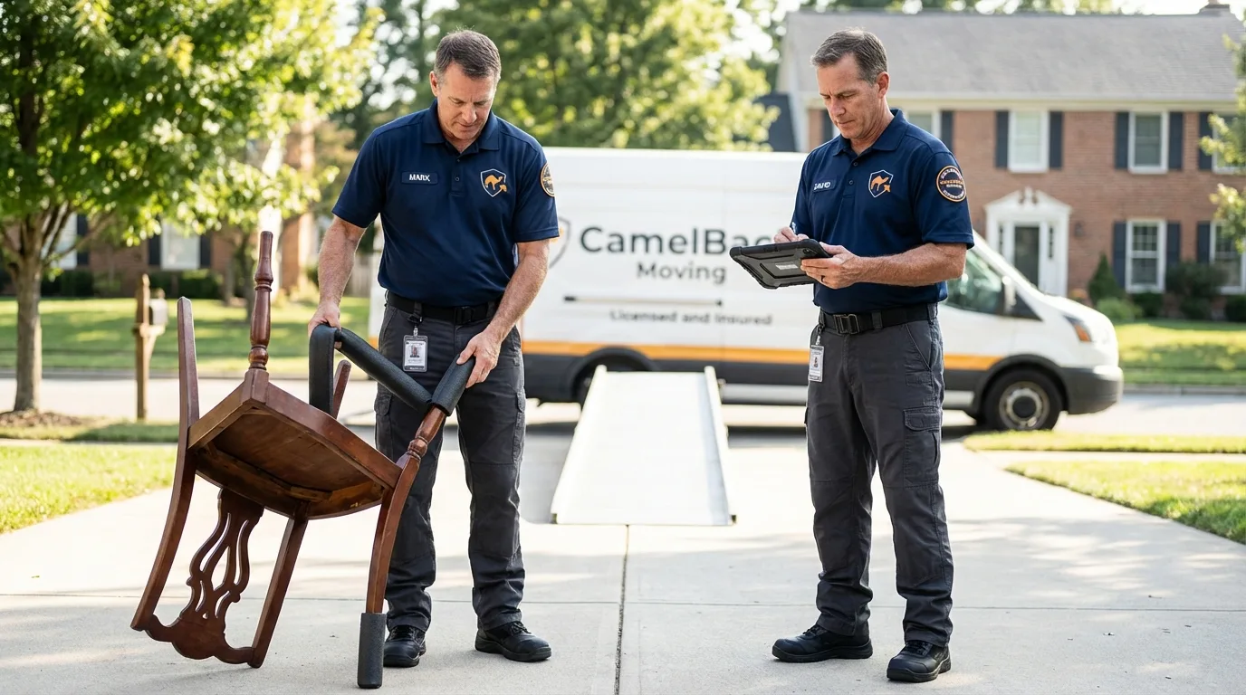Movers inspecting furniture for damage prevention before loading in Loveland, CO