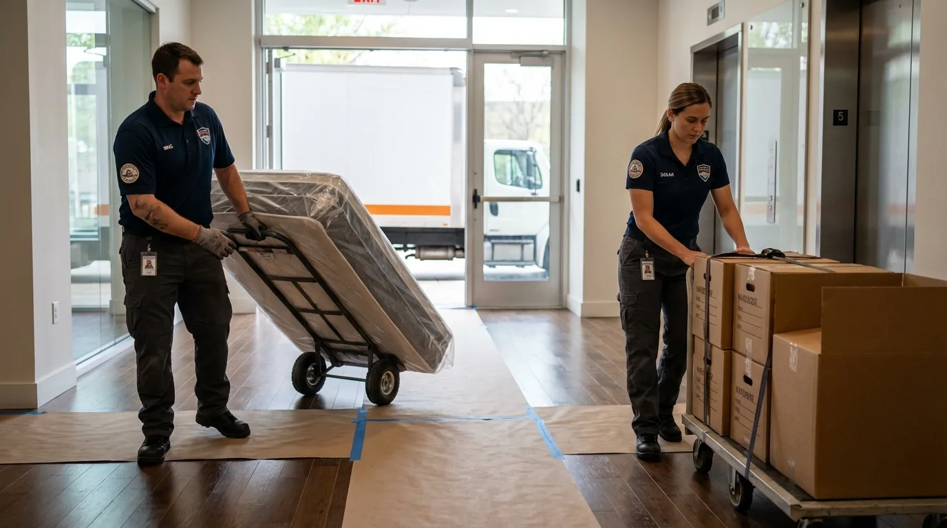 Professional apartment movers loading elevator in Loveland, CO