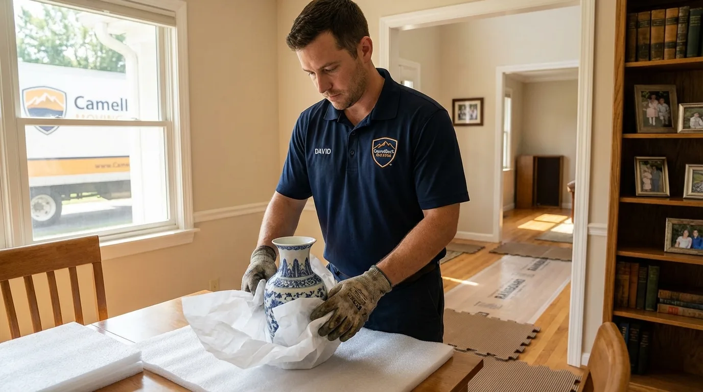 Professional crew carefully wrapping antique vase for senior downsizing move in Loveland, CO